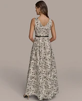 Donna Karan New York Women's Belted V-Neck Jacquard Ball Gown
