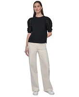 Dkny Jeans Women's Mixed Media Lace-Sleeve Top - BLK