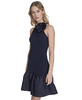Eliza J Petite Rosette-Trim Taffeta-Skirt Dress