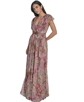 Jessica Howard Petite Extended-Shoulder Tie-Waist Metallic Gown