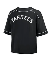 Fanatics Women's Black New York Yankees Oversized Champ Game Midi Cropped V-Neck T-Shirt