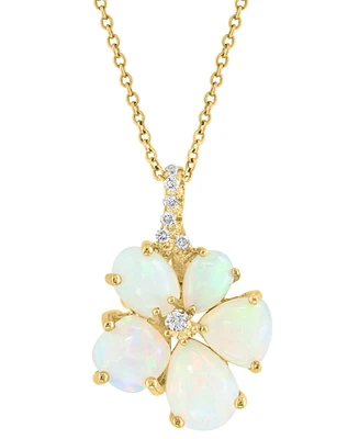 Effy Ethiopian Opal & Diamond (1/10 ct. t.w.) Flower Pendant Necklace in 14k Yellow Gold, 17" + 1" extender