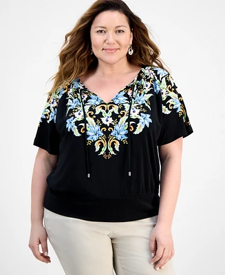 Jm Collection Plus Printed Tie Split Neck Top