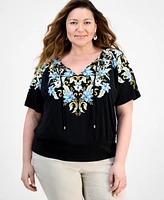 Jm Collection Plus Printed Tie Split Neck Top