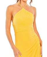 Mac Duggal Women's Halter Neck Ruched Side Front Slit Gown