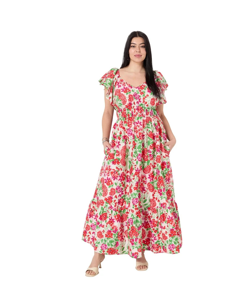 June + Vie Plus Smocked Poplin Maxi Dress