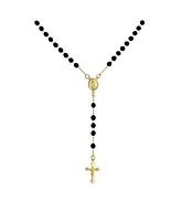 Bling Jewelry Religious Black Bead Rosary Necklace with Virgin Mary and Crucifix Cross Gold Plated