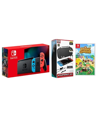Nintendo Switch 32GB Console Neon Red/Blue Joy-Con Bundle with Surge 11-In-1 Accessory Starter Pack and Animal Crossing: New Horizons
