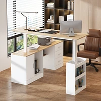 Electric Standing Desk,L-shape Adjustable Height Stand up Desk, Sit Stand Home Office Desk , White，Wooden