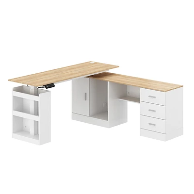 Electric Standing Desk,L-shape Adjustable Height Stand up Desk, Sit Stand Home Office Desk , White，Wooden