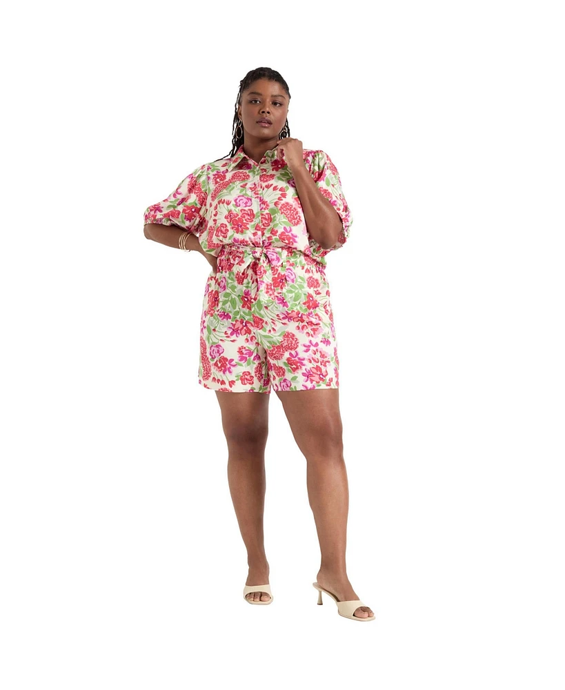 June + Vie Plus Puff-Sleeve Button-Down Blouse