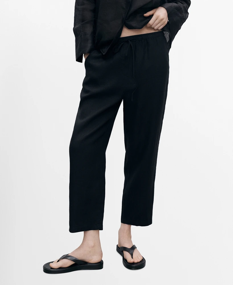 Mango Women's Straight Cropped Linen Trousers Pants