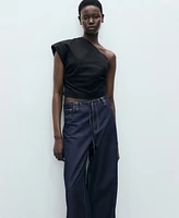 Mango Women's Belted Wide Leg Denim Trousers Pants