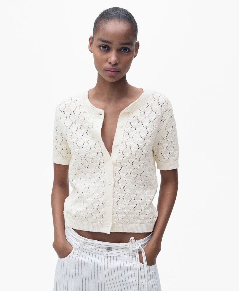 Mango Women's Short Sleeve Openwork Knit Cardigan Sweater