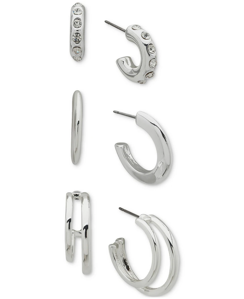 Anne Klein Silver-Tone 3-Pc. Set Pave C-Hoop Earrings