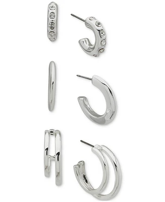 Anne Klein Silver-Tone 3-Pc. Set Pave C-Hoop Earrings