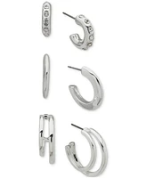 Anne Klein Silver-Tone 3-Pc. Set Pave C-Hoop Earrings