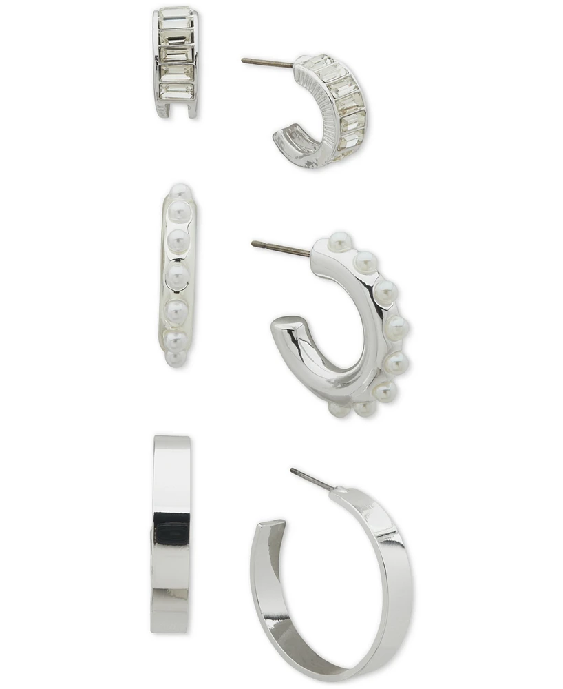 Anne Klein Silver-Tone 3-Pc. Set Baguette Crystal & Imitation Pearl C-Hoop Earrings