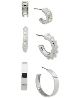 Anne Klein Silver-Tone 3-Pc. Set Baguette Crystal & Imitation Pearl C-Hoop Earrings