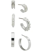 Anne Klein Silver-Tone 3-Pc. Set Baguette Crystal & Imitation Pearl C-Hoop Earrings