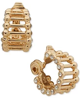 Anne Klein Gold-Tone Small Pave Open Ribbed Clip-On Hoop Earrings, 0.6"