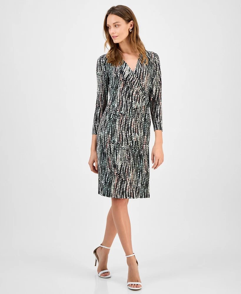 Kasper Women's Printed Long-Sleeve Faux-Wrap Dress