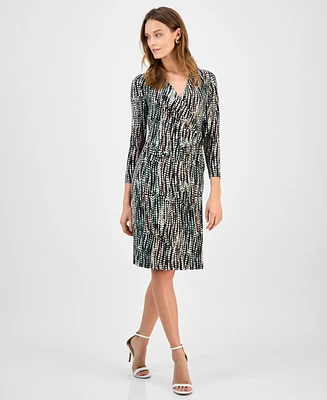Kasper Women's Printed Long-Sleeve Faux-Wrap Dress