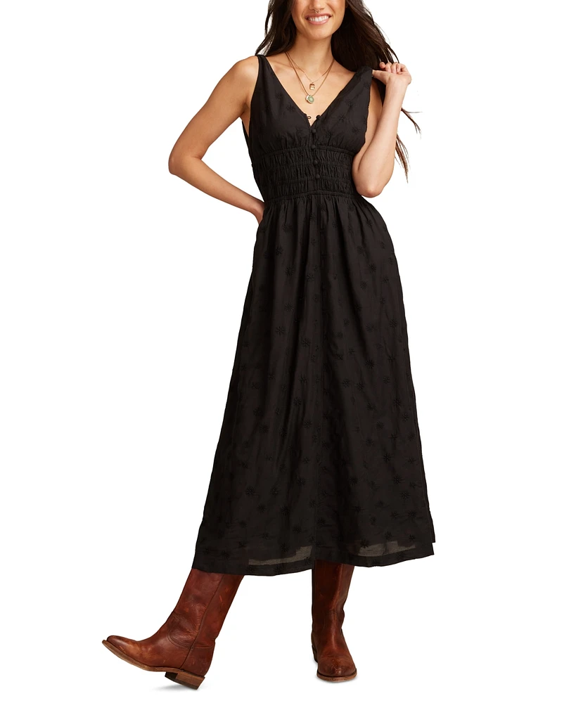 Lucky Brand Women's Cotton V-Neck Smocked-Waist Midi Dress