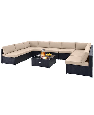 Gymax 10PCS Rattan Furniture Set Outdoor Wicker Sofa Table Cushioned Seat Patio