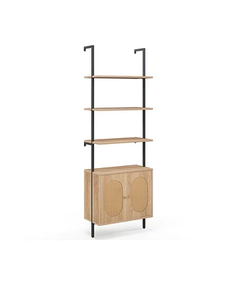 71 Inch 6-Tier Wall Mounted Ladder Bookshelf with Rattan Cabinet-Natural