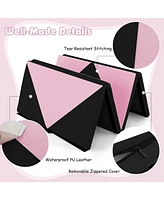 8 Feet Pu Leather Folding Gymnastics Mat with Hook and Loop Fasteners-Black & Pink