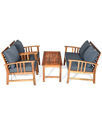 4PCS Wooden Patio Furniture Set Table Sofa Chair Cushioned Garden