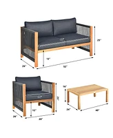 4 Pcs Acacia Wood Patio Conversation Set w/Cushions for Garden