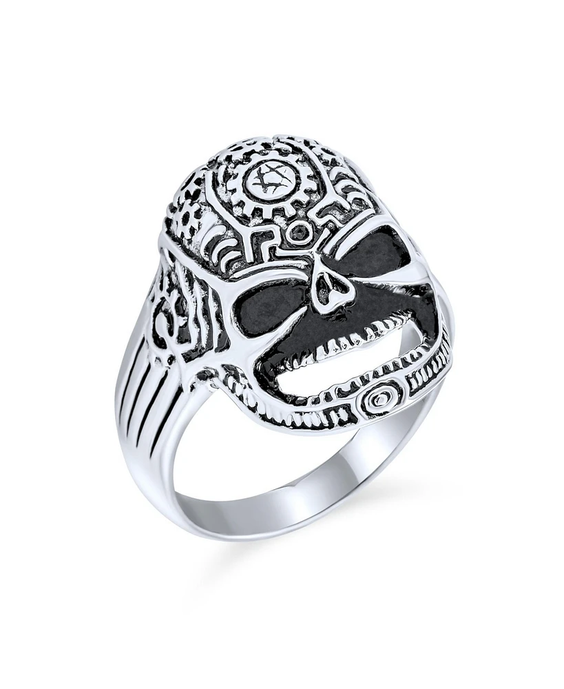 Bling Jewelry Large Gothic Day Of Dead Caribbean Pirate Skull Head Signet Ring Silver Tone Stainless Steel