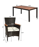 7PCS Patio Rattan Dining Set 6 Stackable Chairs Cushioned