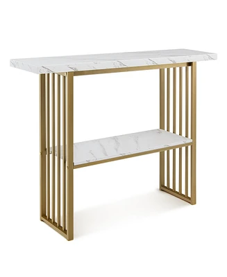 48 Inch 2-Tier Console Table with Gold Finished Frame-White
