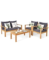 4PCS Patio Furniture Set Acacia Wood Thick Cushion Loveseat Sofa