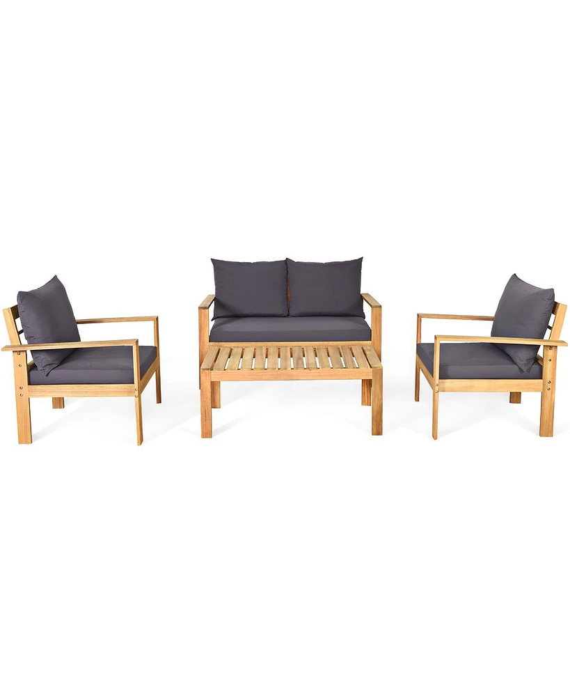 4PCS Patio Furniture Set Acacia Wood Thick Cushion Loveseat Sofa