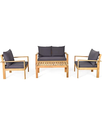 4PCS Patio Furniture Set Acacia Wood Thick Cushion Loveseat Sofa
