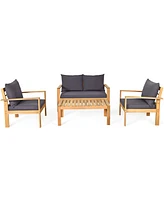 4PCS Patio Furniture Set Acacia Wood Thick Cushion Loveseat Sofa