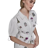 Karl Lagerfeld Paris Petite Embroidered Button-Front Dress