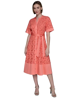 Karl Lagerfeld Paris Petite Cotton Button-Front Eyelet Dress