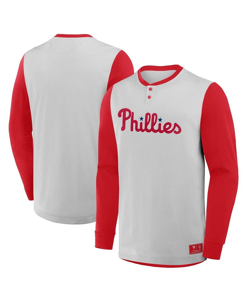 Fanatics Men's Gray/Red Philadelphia Phillies Clubhouse Long Sleeve Henley T-Shirt