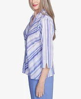 Alfred Dunner Petite Santa Fe Mitered Iris Stripe Button Down Top