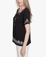 Alfred Dunner Petite Natural Instinct Embroidered Border Tee With Necklace