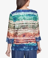 Alfred Dunner Petite Summer Solstice Tie Dye Striped Biadere Crewneck Top