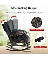Patio Wicker Rocking Chair with Seat Back Cushions & Lumbar Pillow Porch