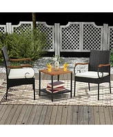 2PCS Patio Pe Wicker Chairs Acacia Wood Armrests withSoft Zippered Cushion Garden