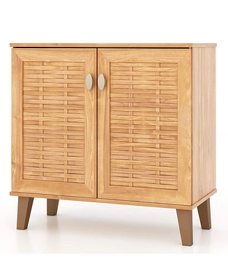 4-Tier Shoe Cabinet with Ventilated Woven Doors – 2-Door Organizer for Home Entryway or Closet