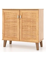 4-Tier Shoe Cabinet with Ventilated Woven Doors – 2-Door Organizer for Home Entryway or Closet